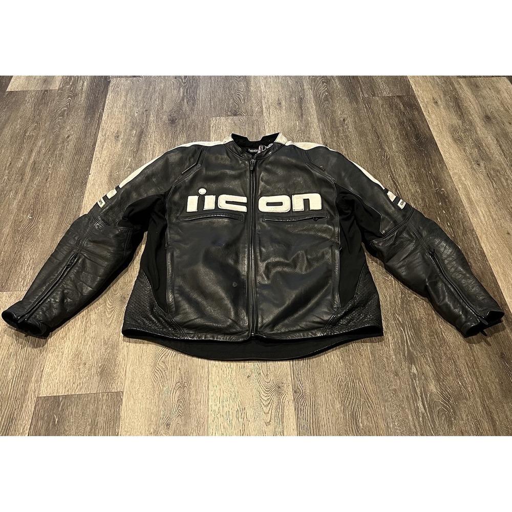Icon Motorhead 2 Leather  Motorcycle Jacket Men's Size 2XL Black White Padded